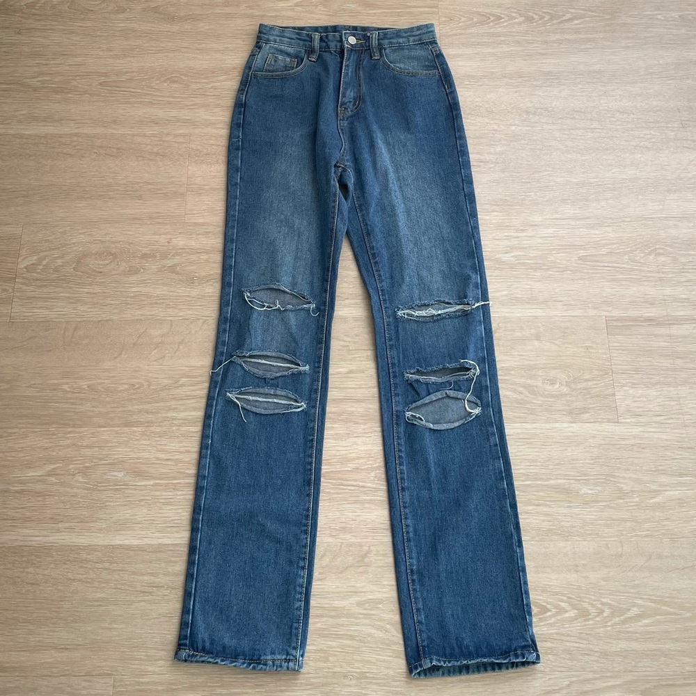 SHEIN Distressed Straight Leg High Rise Jeans
